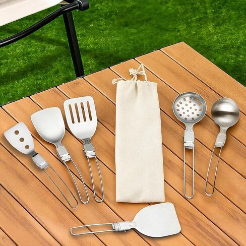 6Pcs Camping Cooking Utensil Set，Camp Kitchen Utensil Set，Stainless Steel Portable Folding Outdoor Cooking Utensil for RV Car,Tent Campers,Outdoor Picnics BBQ in Saudi Arabia