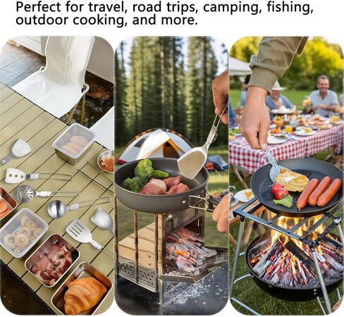 6Pcs Camping Cooking Utensil Set，Camp Kitchen Utensil Set，Stainless Steel Portable Folding Outdoor Cooking Utensil for RV Car,Tent Campers,Outdoor Picnics BBQ in Saudi Arabia