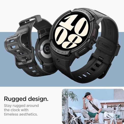 Spigen Rugged Armor Pro Designed for Samsung Galaxy Watch 6 44mm Case with Band Protective TPU Cover with Strap (2023) - Black in Saudi Arabia