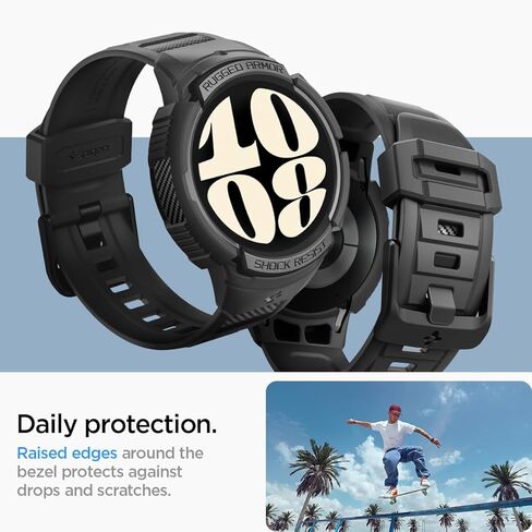 Spigen Rugged Armor Pro Designed for Samsung Galaxy Watch 6 44mm Case with Band Protective TPU Cover with Strap (2023) - Black in Saudi Arabia