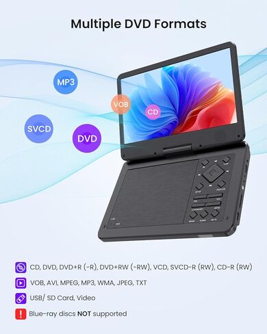 مشغل DVD محمول 12.5 بوصة مع مكبر صوت وشاشة HD 10.1 بوصة للأطفال والكبار، مشغل DVD للسيارة مع مسند للرأس، جهاز تحكم عن بعد 360 درجة، مقابس سماعة أذن مزدوجة، بطارية 5H، CD/DVD/SD/USB، منطقة مجانية in Saudi Arabia