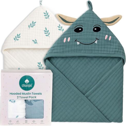 Chungie Soft Muslin Hooded Baby Towels 32x32 inches – 100% Cotton, 6-Layer Breathable Newborn Bath Towels with Hood, Pack of 2 (Printed + Embroidered) in Saudi Arabia