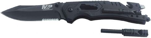 Smith & Wesson M&P 8.5 بوصة سكين عالي الكربون SS زنبركي قابل للطي مع شفرة نقطة إسقاط مسننة 3.5 بوصة ومقبض مطاطي للبقاء في الهواء الطلق وEDC، أسمر ضارب للصفرة in Kuwait