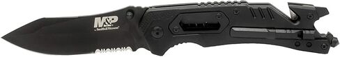 Smith & Wesson M&P 8.5 بوصة سكين عالي الكربون SS زنبركي قابل للطي مع شفرة نقطة إسقاط مسننة 3.5 بوصة ومقبض مطاطي للبقاء في الهواء الطلق وEDC، أسمر ضارب للصفرة in Kuwait