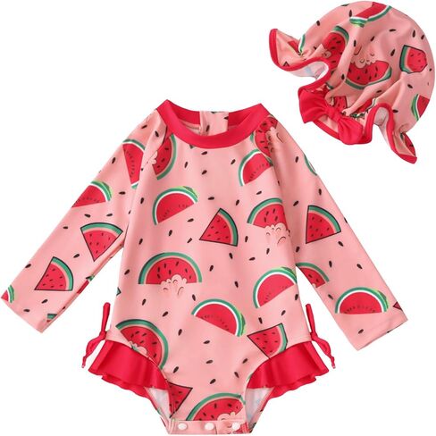 AMAWMW Infant Baby Girl Swimsuit Long Sleeve One-Piece Swimwear with Hat Rash Guard Floral Zipper Bathing Suit Beach Wear in Kuwait
