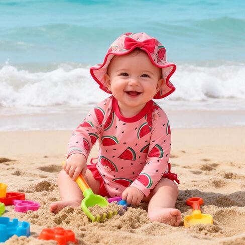 AMAWMW Infant Baby Girl Swimsuit Long Sleeve One-Piece Swimwear with Hat Rash Guard Floral Zipper Bathing Suit Beach Wear in Kuwait