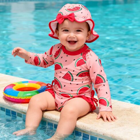 AMAWMW Infant Baby Girl Swimsuit Long Sleeve One-Piece Swimwear with Hat Rash Guard Floral Zipper Bathing Suit Beach Wear in Kuwait
