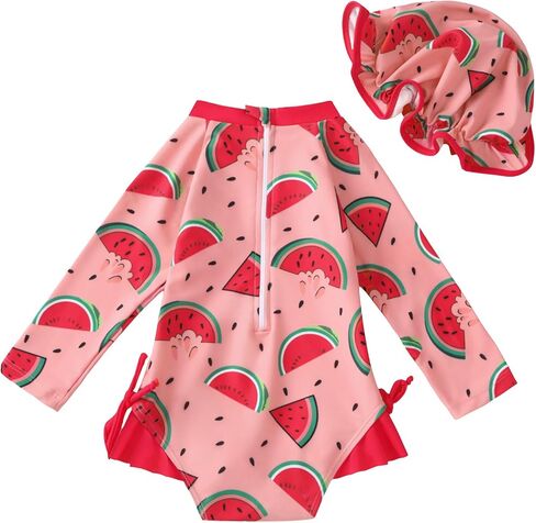 AMAWMW Infant Baby Girl Swimsuit Long Sleeve One-Piece Swimwear with Hat Rash Guard Floral Zipper Bathing Suit Beach Wear in Kuwait