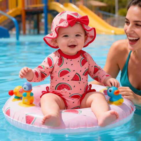 AMAWMW Infant Baby Girl Swimsuit Long Sleeve One-Piece Swimwear with Hat Rash Guard Floral Zipper Bathing Suit Beach Wear in Kuwait