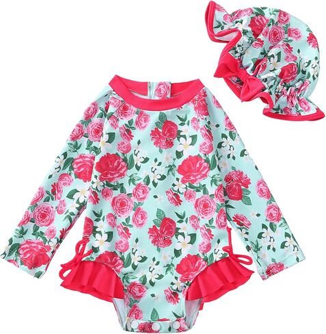 AMAWMW Infant Baby Girl Swimsuit Long Sleeve One-Piece Swimwear with Hat Rash Guard Floral Zipper Bathing Suit Beach Wear in Kuwait