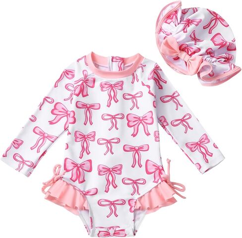 AMAWMW Infant Baby Girl Swimsuit Long Sleeve One-Piece Swimwear with Hat Rash Guard Floral Zipper Bathing Suit Beach Wear in Kuwait