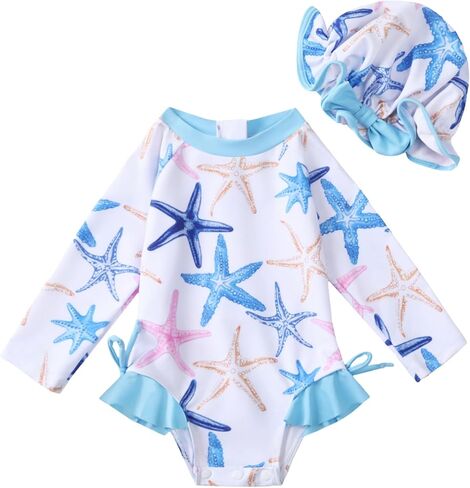 AMAWMW Infant Baby Girl Swimsuit Long Sleeve One-Piece Swimwear with Hat Rash Guard Floral Zipper Bathing Suit Beach Wear in Kuwait