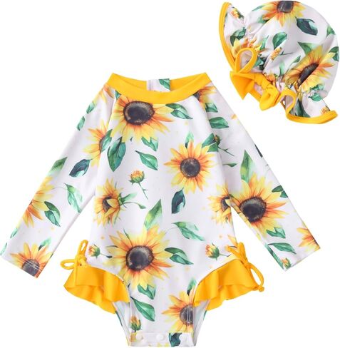 AMAWMW Infant Baby Girl Swimsuit Long Sleeve One-Piece Swimwear with Hat Rash Guard Floral Zipper Bathing Suit Beach Wear in Kuwait