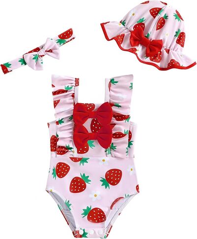 SODLON Baby Girl Swimsuit Infant One-Piece Bathing Suit Essentials 3M-3T | Toddler Girls Beach Essentials, Ruffle Bow Swimwear with Hat & Headband, Cute Summer UPF 50+ Swim Suit in Kuwait