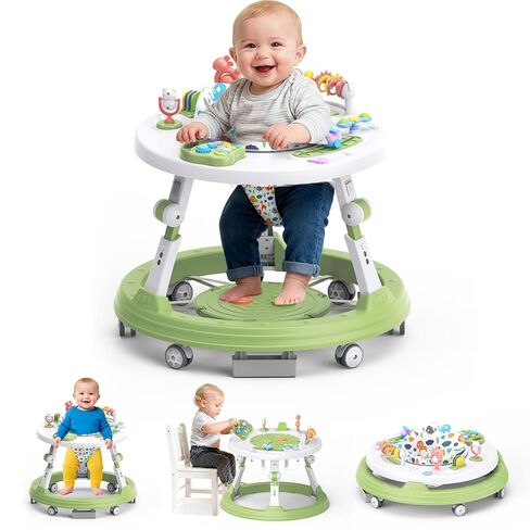 4-in-1 Foldable Activity Center- Baby Walker with Wheels, 360-degree Rotatable Play Tray, 3-Stage Adjustable Height, for Boys and Girls 6-18 Months, Music and Lights(Green) in Saudi Arabia