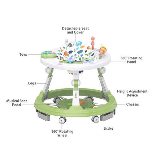 4-in-1 Foldable Activity Center- Baby Walker with Wheels, 360-degree Rotatable Play Tray, 3-Stage Adjustable Height, for Boys and Girls 6-18 Months, Music and Lights(Green) in Saudi Arabia