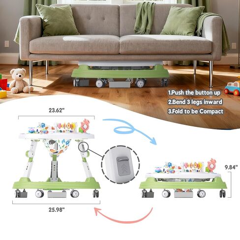4-in-1 Foldable Activity Center- Baby Walker with Wheels, 360-degree Rotatable Play Tray, 3-Stage Adjustable Height, for Boys and Girls 6-18 Months, Music and Lights(Green) in Saudi Arabia
