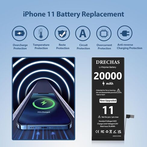 [20000 مللي أمبير] بطارية لهاتف iPhone 11، 2026 بطارية بديلة جديدة عالية السعة 0 دورة ليثيوم بوليمر لهواتف iPhone 11 موديلات A2111، A2221، A2223 مع مجموعة أدوات إصلاح احترافية كاملة in Saudi Arabia