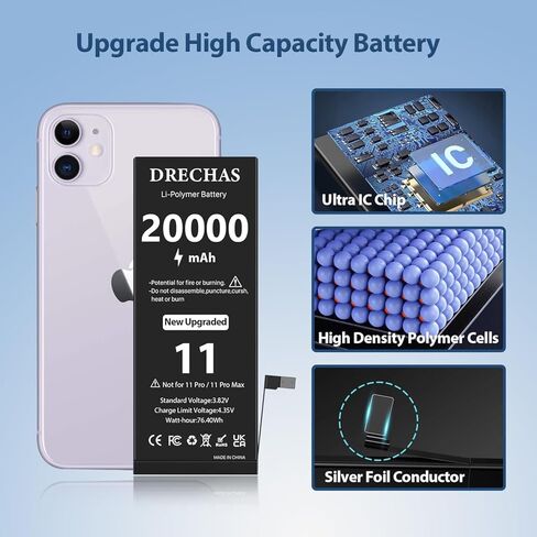[20000 مللي أمبير] بطارية لهاتف iPhone 11، 2026 بطارية بديلة جديدة عالية السعة 0 دورة ليثيوم بوليمر لهواتف iPhone 11 موديلات A2111، A2221، A2223 مع مجموعة أدوات إصلاح احترافية كاملة in Saudi Arabia
