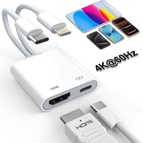 2 in 1 USB-C and Lightning to HDMI Adapter, 4K@60Hz Lightning/Type C Digital AV HDMI Adapter Cord Compatible with iPhone 17 16 15 14 13 iPad MacBook for HDTV/Projector/Monitor in Saudi Arabia