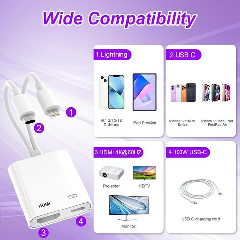 2 in 1 USB-C and Lightning to HDMI Adapter, 4K@60Hz Lightning/Type C Digital AV HDMI Adapter Cord Compatible with iPhone 17 16 15 14 13 iPad MacBook for HDTV/Projector/Monitor in Saudi Arabia