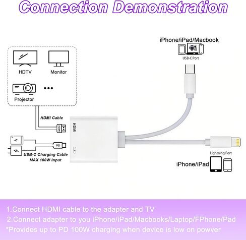 2 in 1 USB-C and Lightning to HDMI Adapter, 4K@60Hz Lightning/Type C Digital AV HDMI Adapter Cord Compatible with iPhone 17 16 15 14 13 iPad MacBook for HDTV/Projector/Monitor in Saudi Arabia