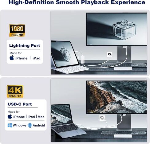Lightning and USB-C to HDMI Adapter for iPhone to TV, MFi Certified 4K@60Hz Type C to HDMI Adapter with 100W Fast Charge, Lightning to Digital AV adapter for iphone 17/16/15/iPad to TV/Projector in Saudi Arabia