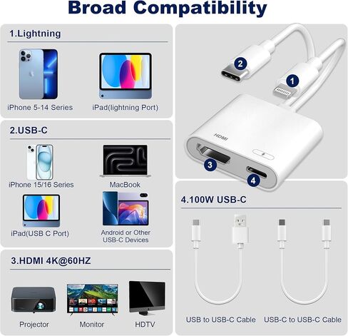 Lightning and USB-C to HDMI Adapter for iPhone to TV, MFi Certified 4K@60Hz Type C to HDMI Adapter with 100W Fast Charge, Lightning to Digital AV adapter for iphone 17/16/15/iPad to TV/Projector in Saudi Arabia