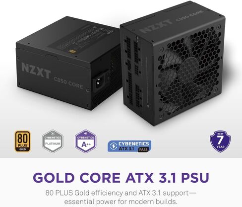 NZXT C850 Gold Core - مصدر طاقة 850 وات ATX 3.1 - 80 Plus Gold - Cybenetics Platinum - وحدات كاملة - PCIe 5.1 600W 12V-2x6 - مروحة صفر دورة في الدقيقة - مكثفات 105 درجة مئوية - أسود in Kuwait