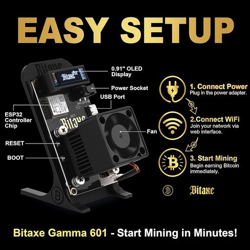 Bitaxe Gamma 601 Bitcoin Miner، آلة تعدين BTC مفتوحة المصدر، شريحة BM1370 ASIC، 1TH/s - 1.2TH/s SHA-256، 2.4G WiFi، Home Crypto Miner، بما في ذلك. مزود طاقة 5 فولت وحامل، نظام AxeOS، أسود in Kuwait