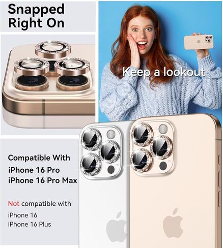 Matekxy لهاتف iPhone 16 Pro/iPhone 16 Pro Max واقي عدسة الكاميرا اللامع، غطاء حلقة بلينغ مضاد للخدش، زجاج مقسى فردي لطيف للفتيات مع حواف معدنية للنساء، ذهبي تيتانيوم صحراوي in Kuwait