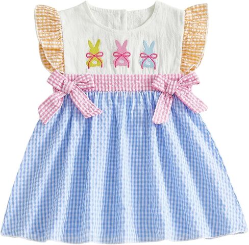 MoZiKQin Toddler Baby Girl Easter Outfit Bunny Embroidery Smocked Dress Ruffle Sleeve Plaid Dress Cute Easter Clothes in Saudi Arabia