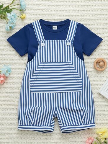 2 Pcs Toddler Boys Striped Patched Pocket Overall Romper with Tee Blue in Saudi Arabia