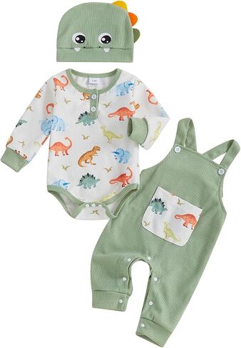 Seyurigaoka Newborn Baby Boy Clothes Long Sleeve Romper Cartoon Suspender Overall Pants Cute Hat 3 Pcs 0-18 Months in Saudi Arabia