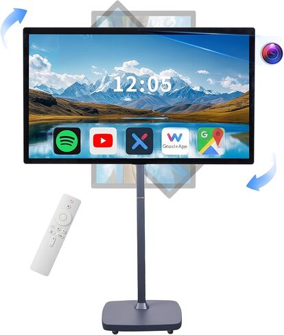 32 Inch Smart Portable TV on Wheels,FHD Touch-Screen-Monitor,Wireless RollableTV, 8G RAM,128G Storage,Built-in 6-8H Battery,Android 14,Full Swivel Rotation,Remote Control (White) in Saudi Arabia