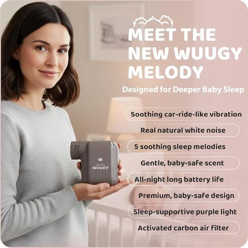 Wuugy Melody - 2025 Mom's Choice Award Winner | Portable Smart Baby Sleep Assistant - Rhythmic Vibration, White Noise, Sleep Sounds & Air Filter | Colic Relief | Compatible with All Cribs & Strollers in Saudi Arabia
