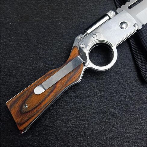 سكين جيب زعنفة AK47 قابل للطي مع قفل بزر ضغط، شفرة من الفولاذ المقاوم للصدأ، مقبض خشبي ومشبك جيب، سكين خفيف LED محمول كهدية للرجال، بقاء التخييم EDC in Kuwait