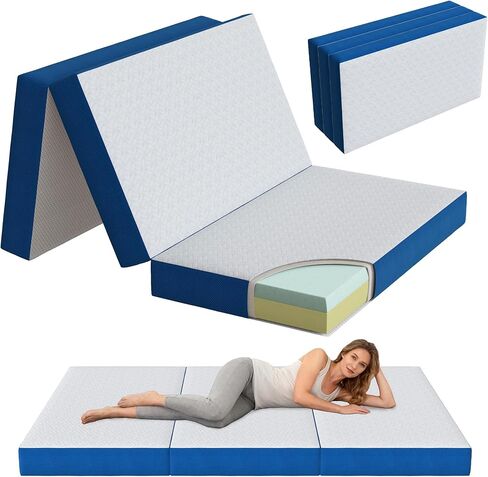 SDHYL 6 Inch Folding Mattress Twin Size - Tri Fold Memory Foam Topper for Guest Bed & Camping, CertiPUR-US Certified Playing Mat with Washable Cover, Blue in Kuwait