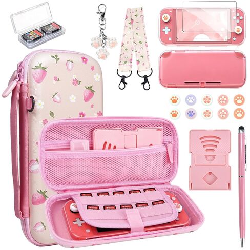 FIWWAT Switch Lite Case Carrying Case- 19 in 1 for Nintendo Switch Accessories Bundle with Switch Thumb Grips, Clear Protective, Screen Protector Cover, Cute Pendant, Stand, Stylus, for Girls, Pink in Saudi Arabia
