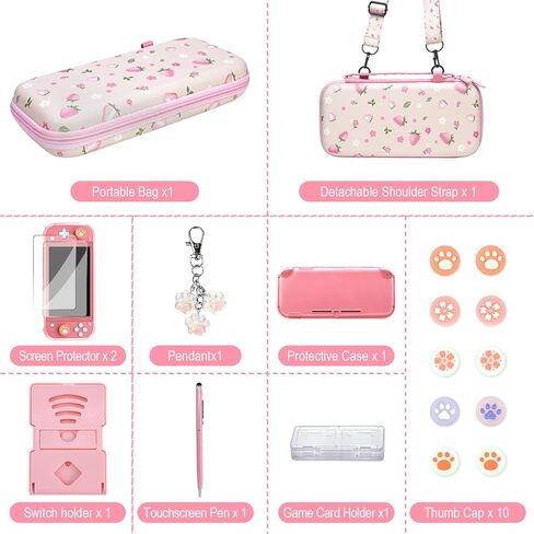 FIWWAT Switch Lite Case Carrying Case- 19 in 1 for Nintendo Switch Accessories Bundle with Switch Thumb Grips, Clear Protective, Screen Protector Cover, Cute Pendant, Stand, Stylus, for Girls, Pink in Saudi Arabia