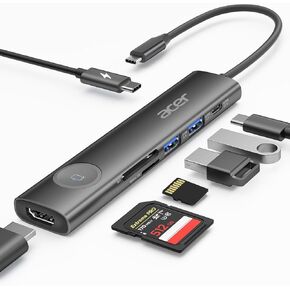 محول Acer 7 في 1 USB C Hub متعدد المنافذ، محول USB C إلى HDMI 4K@60 هرتز، 100 واط PD، 2 USB A 3.1 + بيانات Type-C 3.1 5 جيجابت في الثانية، قارئ بطاقة SD، USBC Hub HDMI متوافق مع Acer/Dell XPS/HP/Mac/Surface إلخ in Kuwait