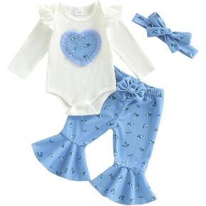 Newborn Baby Girl Winter Clothes Ruffle Rib Knit Romper Floral Fall Outfits Flared Pants Cute Infant Headband Set in Kuwait