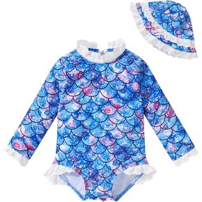 Baby Girl Long Sleeve Swimsuit Set Toddler Rash Guard with Sun Hat One Piece Bathing Suit for Infant 3-24 Months in Kuwait