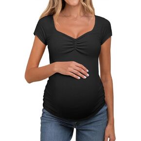 Tankaneo Womens Vneck Maternity Tops Cap Sleeve Fit Ribbed Pregnancy Tshirt | Summer,Pleeated,Knit,Breastfeeding,Sweetheart Square Neckline,Short Sleeve,Soft,Fitted in Saudi Arabia