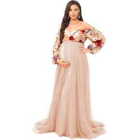 فستان حمل من التول لالتقاط الصور بدون أكتاف فستان حمل بأكمام طويلة مع تطريز زهور in Kuwait