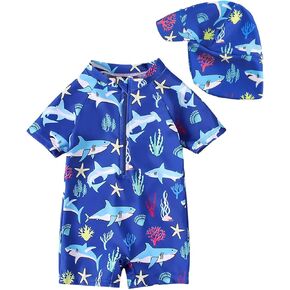 بدلة سباحة WYTbaby Baby Rash Guard للأولاد والبنات مع قبعة شمس للرضع بأكمام قصيرة وسحاب قطعة واحدة ملابس سباحة للأطفال الصغار in Kuwait