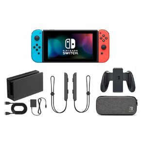 حزمة وحدة تحكم Nintendo Switch - وحدات التحكم Joy-Cons باللونين الأزرق والأحمر النيون، وقاعدة إرساء، ومقبض وحدة التحكم، وحقيبة الحمل، والكابلات والملحقات (متجددة) in Kuwait