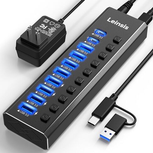 موزع USB 3.2 يعمل بالطاقة، موزع LEINSIS 10 منافذ USB 3.2/USB C (10 جيجابت في الثانية USB-A 3.2 +2 USB-C 3.2 +7 منافذ USB 3.0) مع مفاتيح تشغيل/إيقاف فردية ومحول طاقة 12 فولت، محور USB من الألومنيوم يعمل بالكمبيوتر المحمول in Kuwait