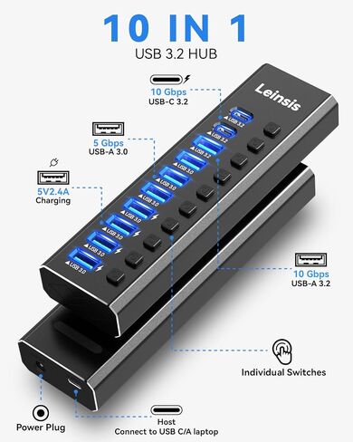 موزع USB 3.2 يعمل بالطاقة، موزع LEINSIS 10 منافذ USB 3.2/USB C (10 جيجابت في الثانية USB-A 3.2 +2 USB-C 3.2 +7 منافذ USB 3.0) مع مفاتيح تشغيل/إيقاف فردية ومحول طاقة 12 فولت، محور USB من الألومنيوم يعمل بالكمبيوتر المحمول in Kuwait