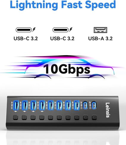 موزع USB 3.2 يعمل بالطاقة، موزع LEINSIS 10 منافذ USB 3.2/USB C (10 جيجابت في الثانية USB-A 3.2 +2 USB-C 3.2 +7 منافذ USB 3.0) مع مفاتيح تشغيل/إيقاف فردية ومحول طاقة 12 فولت، محور USB من الألومنيوم يعمل بالكمبيوتر المحمول in Kuwait